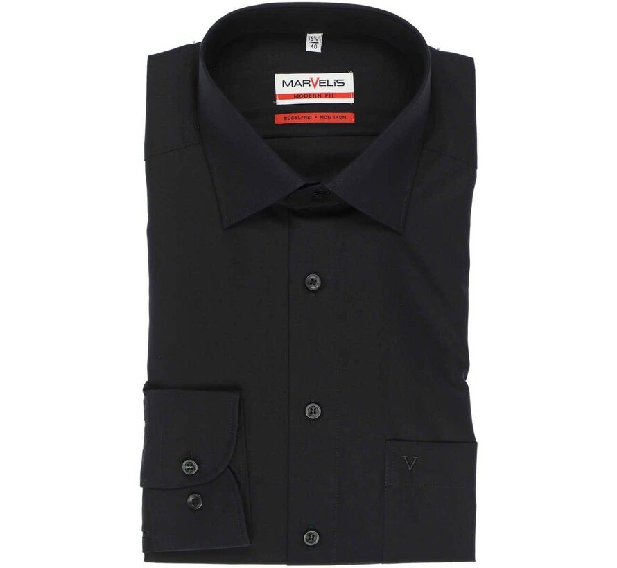 strijkvrij overhemd Modern Fit Mouwlengte 7 uni zwart (4700-69-68N)