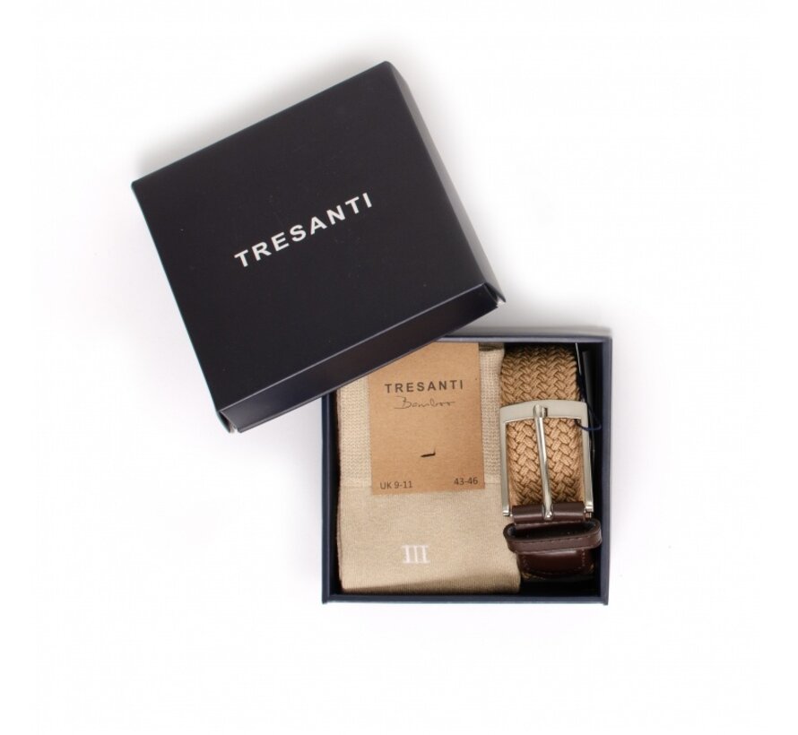 ZENO I Giftbox braided belt and bamboo socks Cognac (TRCOZZ001 - 403)