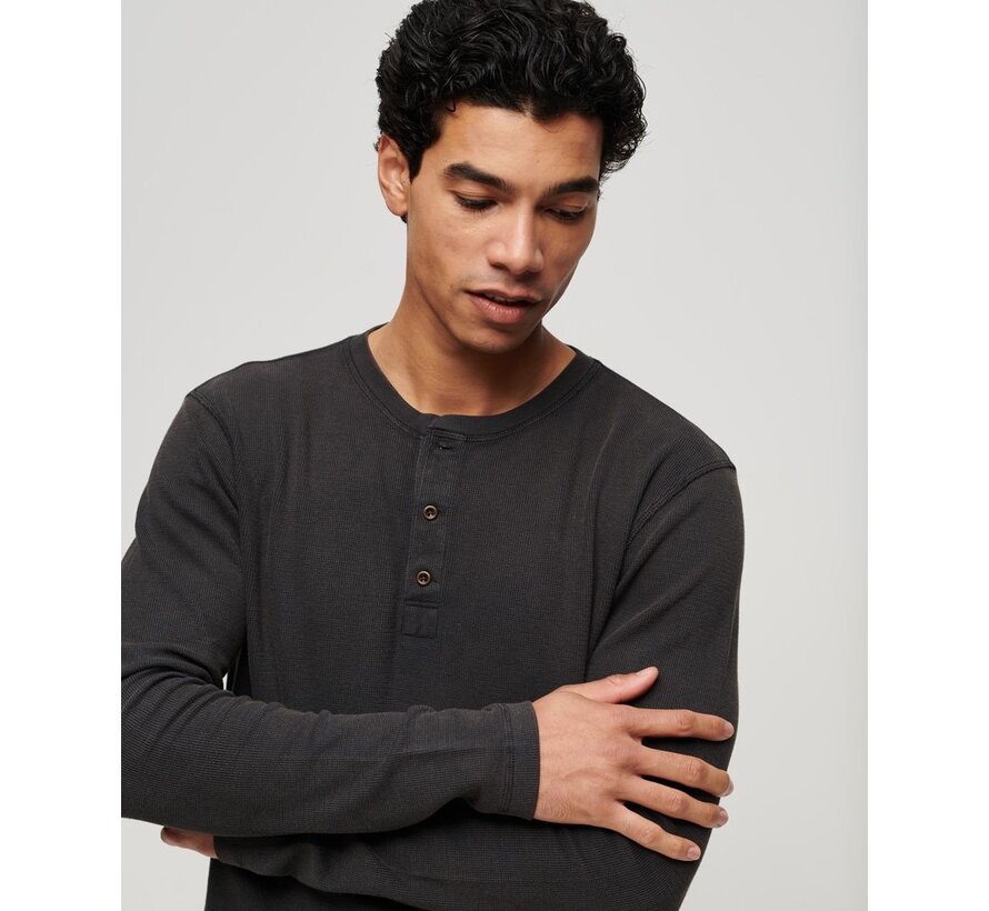 Relaxed Fit Waffle Cotton Henley Top Washed Black (M6010776A - AFB)