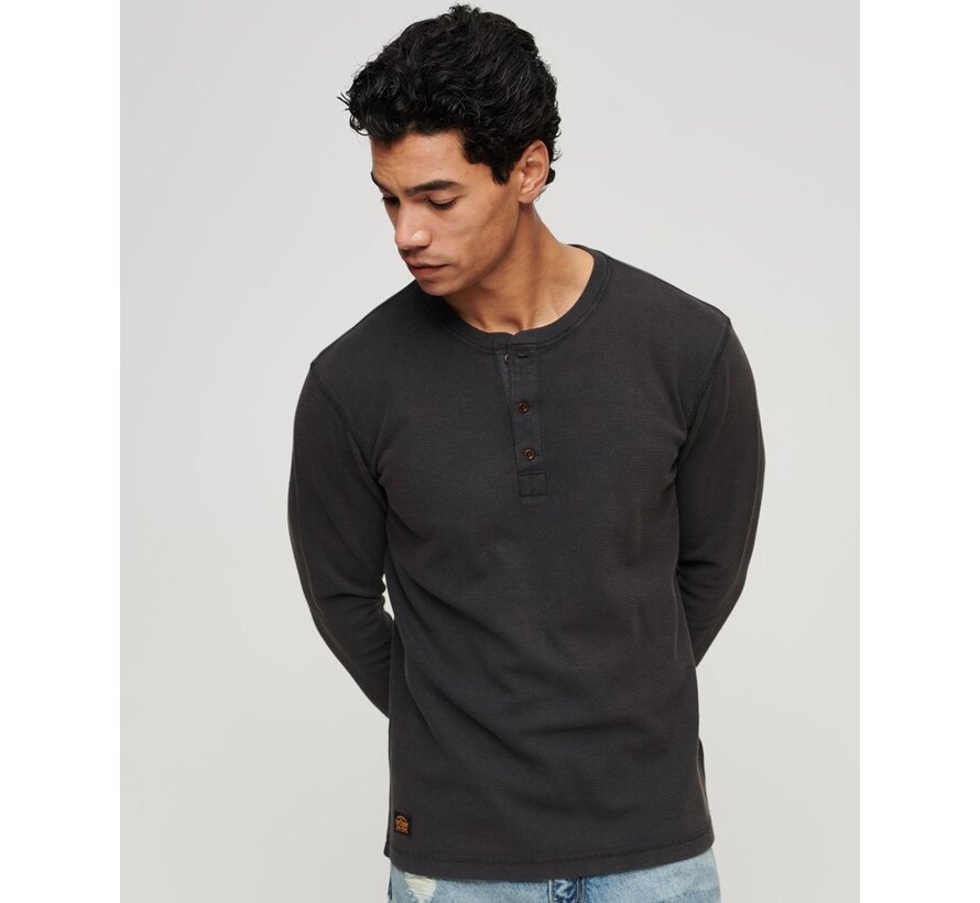 Relaxed Fit Waffle Cotton Henley Top Washed Black (M6010776A - AFB)