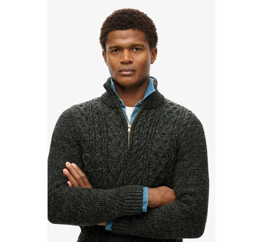 JACOB CABLE KNIT HALF ZIP Black Twist (M6110639A - AYN)