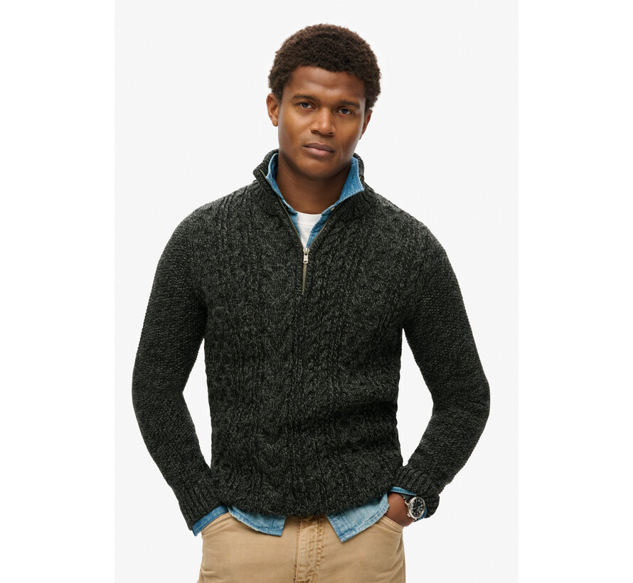 JACOB CABLE KNIT HALF ZIP Black Twist (M6110639A - AYN)