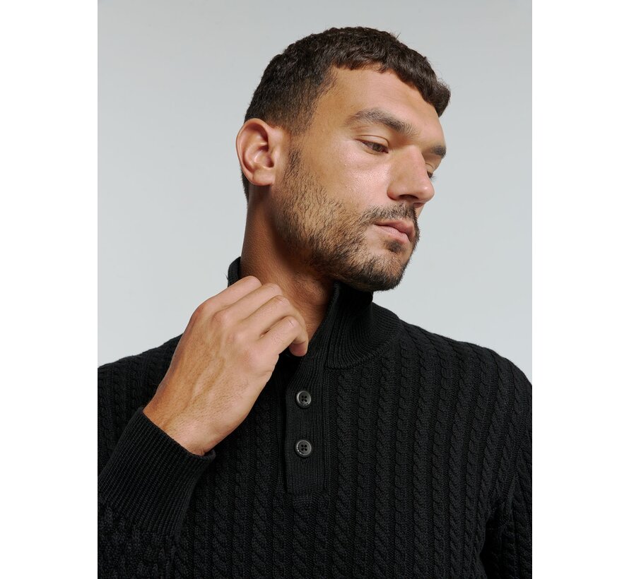 Pullover Half Zipper and Button Solid Jacquard Black (25230962 - 020)