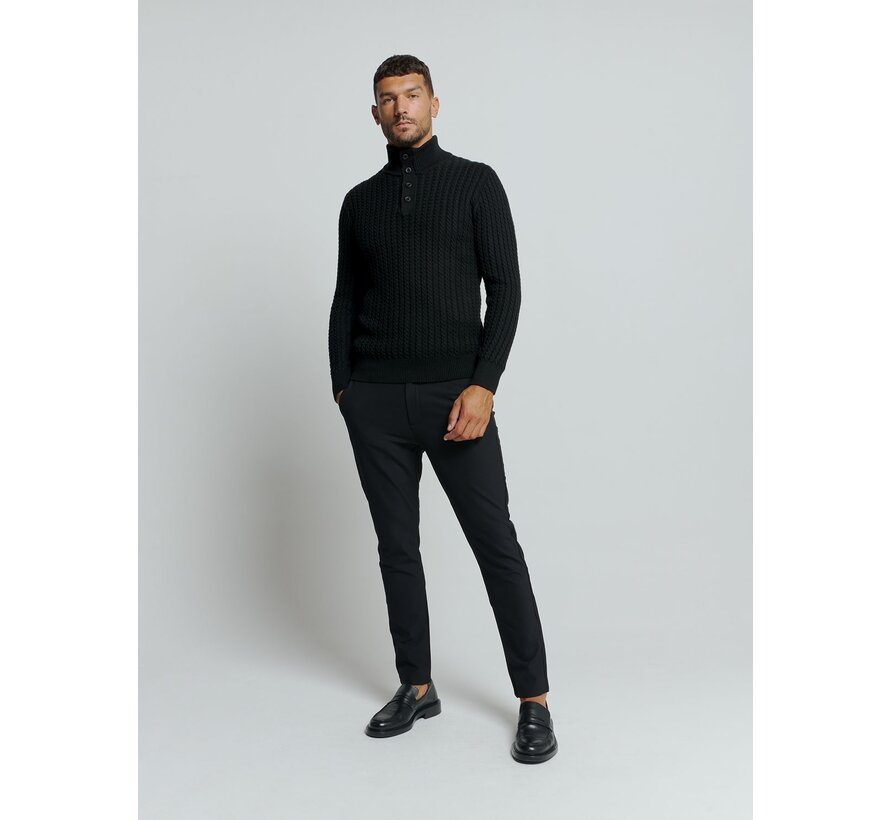 Pullover Half Zipper and Button Solid Jacquard Black (25230962 - 020)