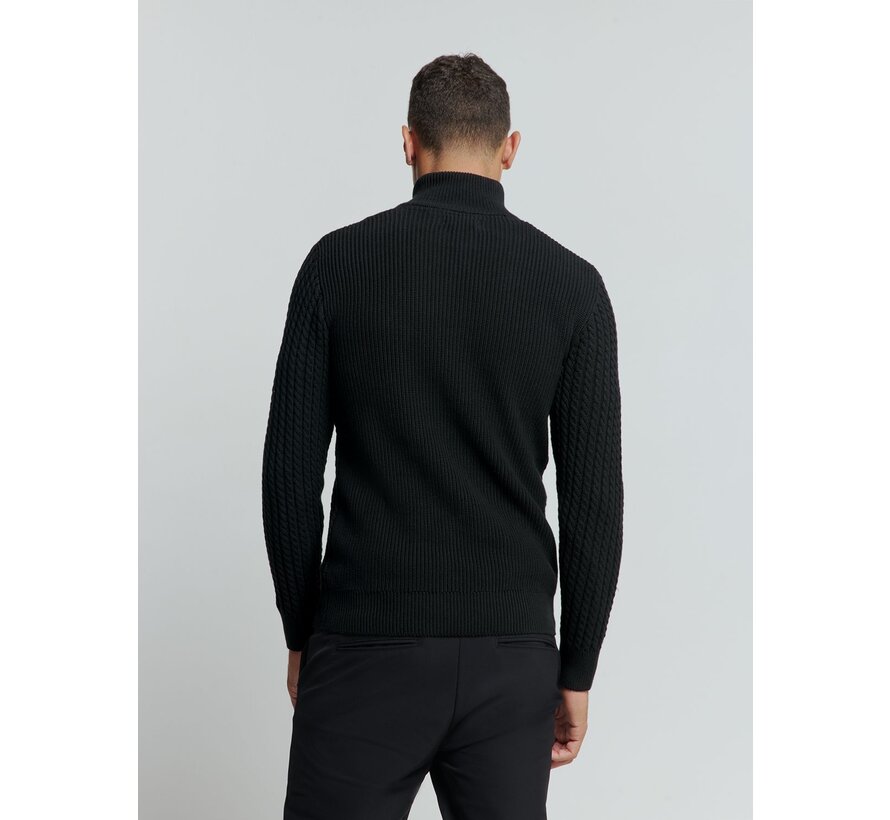 Pullover Half Zipper and Button Solid Jacquard Black (25230962 - 020)