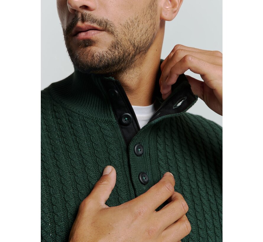 Pullover Half Zipper and Button Solid Jacquard Dark Green (25230962 - 052)