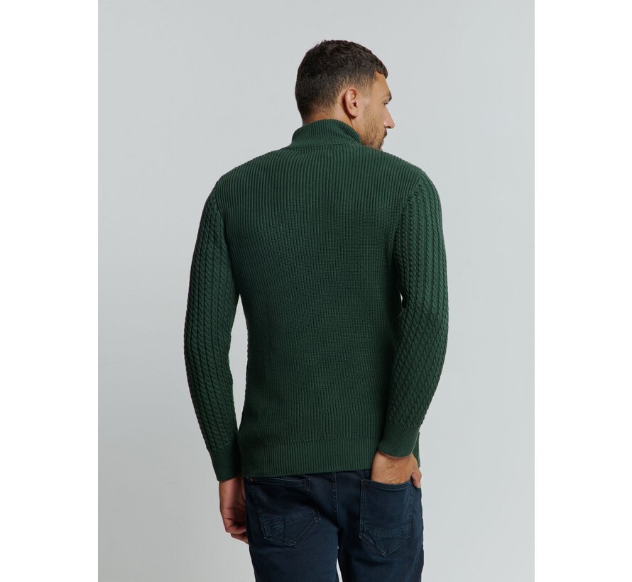 Pullover Half Zipper and Button Solid Jacquard Dark Green (25230962 - 052)