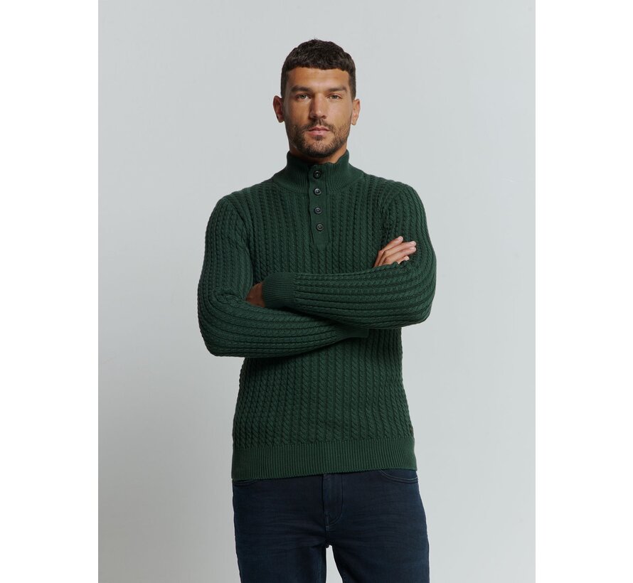Pullover Half Zipper and Button Solid Jacquard Dark Green (25230962 - 052)