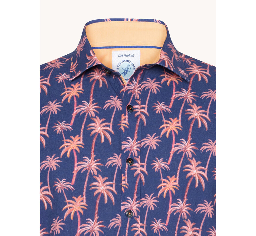 Korte Mouw Overhemd Katoen/Linnen Palm Trees Cobalt (31.073.607)
