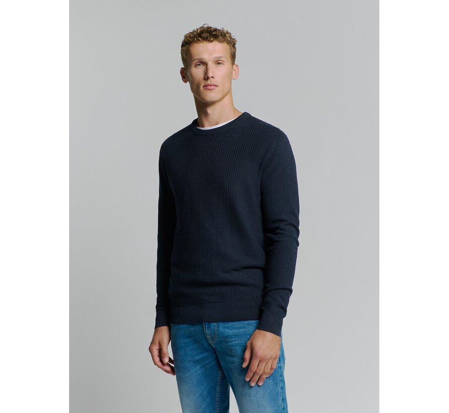 Pullover Crewneck 2 Coloured Waffle Jacquard Blueberry (26211112 - 098)