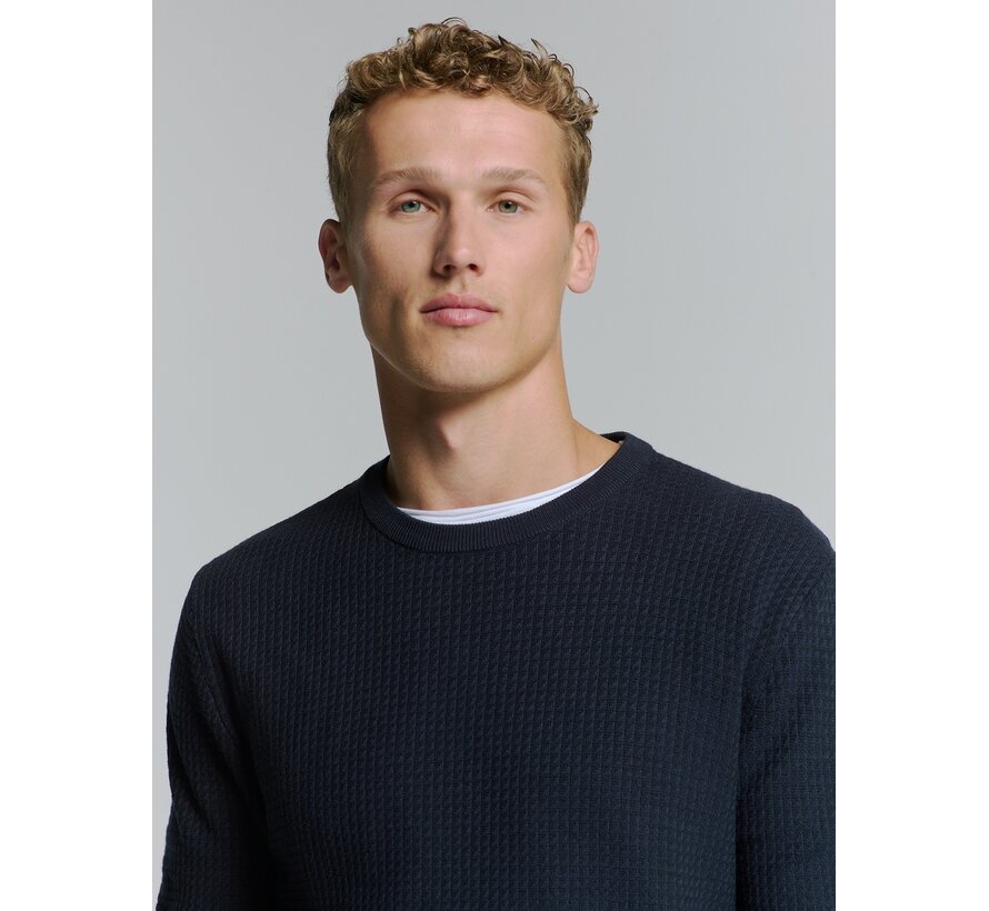 Pullover Crewneck 2 Coloured Waffle Jacquard Blueberry (26211112 - 098)