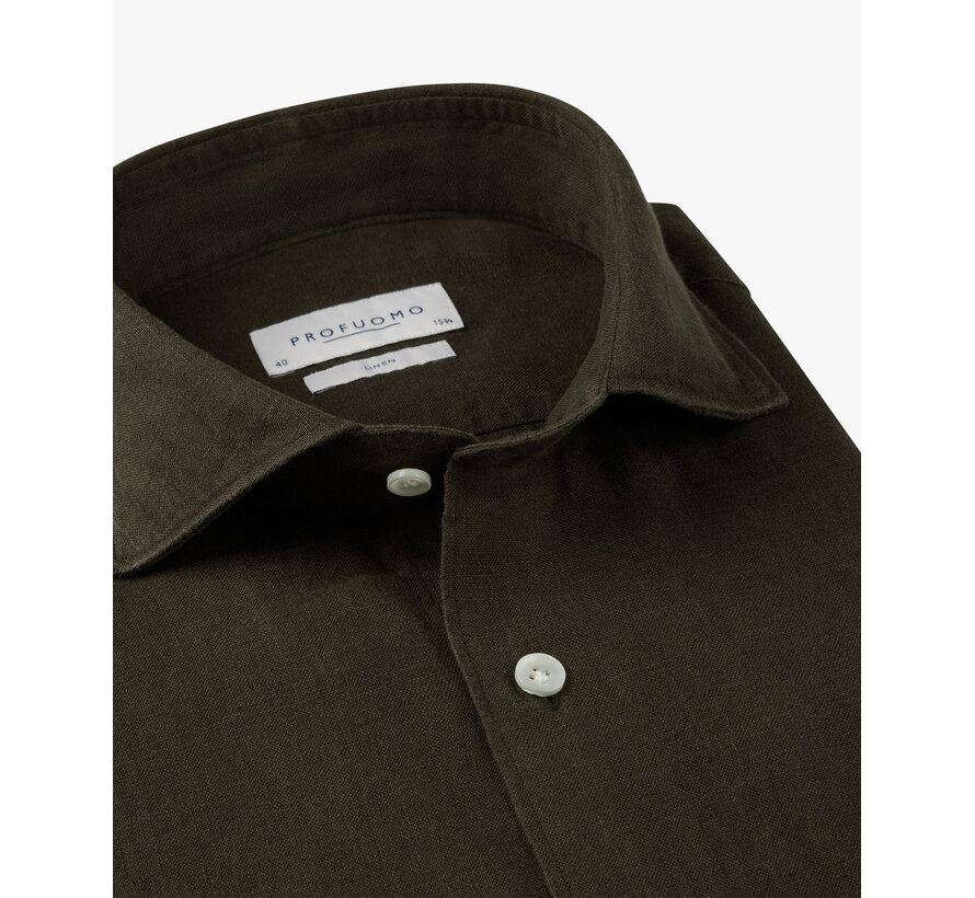 Profuomo Overhemd 100% Linnen Slim Fit Cutaway Dark Brown (PPXH10017F)