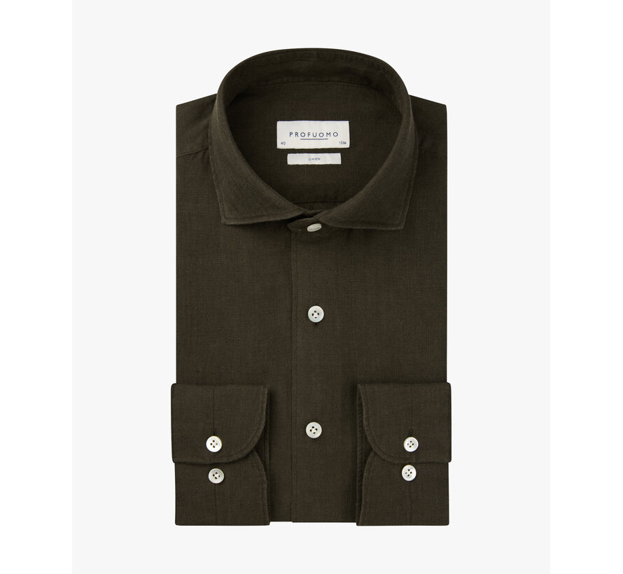 Profuomo Overhemd 100% Linnen Slim Fit Cutaway Dark Brown (PPXH10017F)