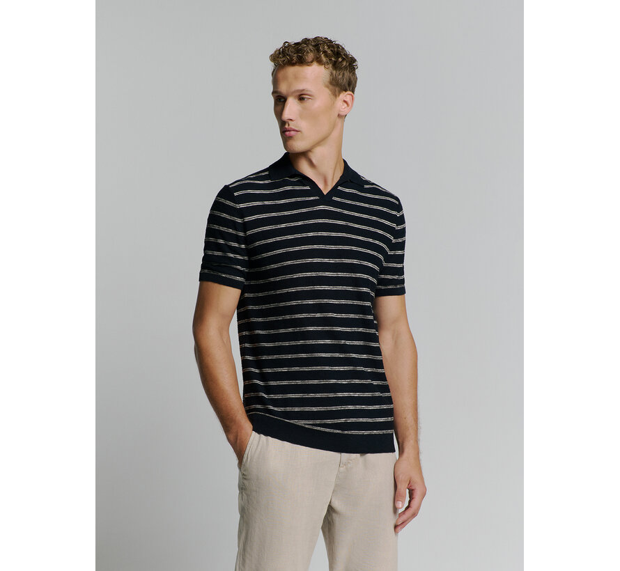 No Excess Pullover Short Sleeve Polo V Stripes With Linen Navy (27210341 - 078)