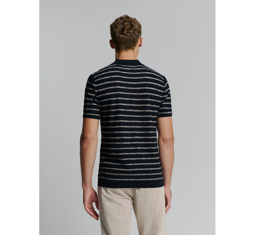No Excess Pullover Short Sleeve Polo V Stripes With Linen Navy (27210341 - 078)