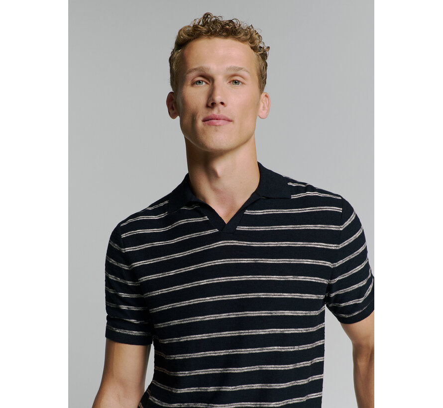 No Excess Pullover Short Sleeve Polo V Stripes With Linen Navy (27210341 - 078)