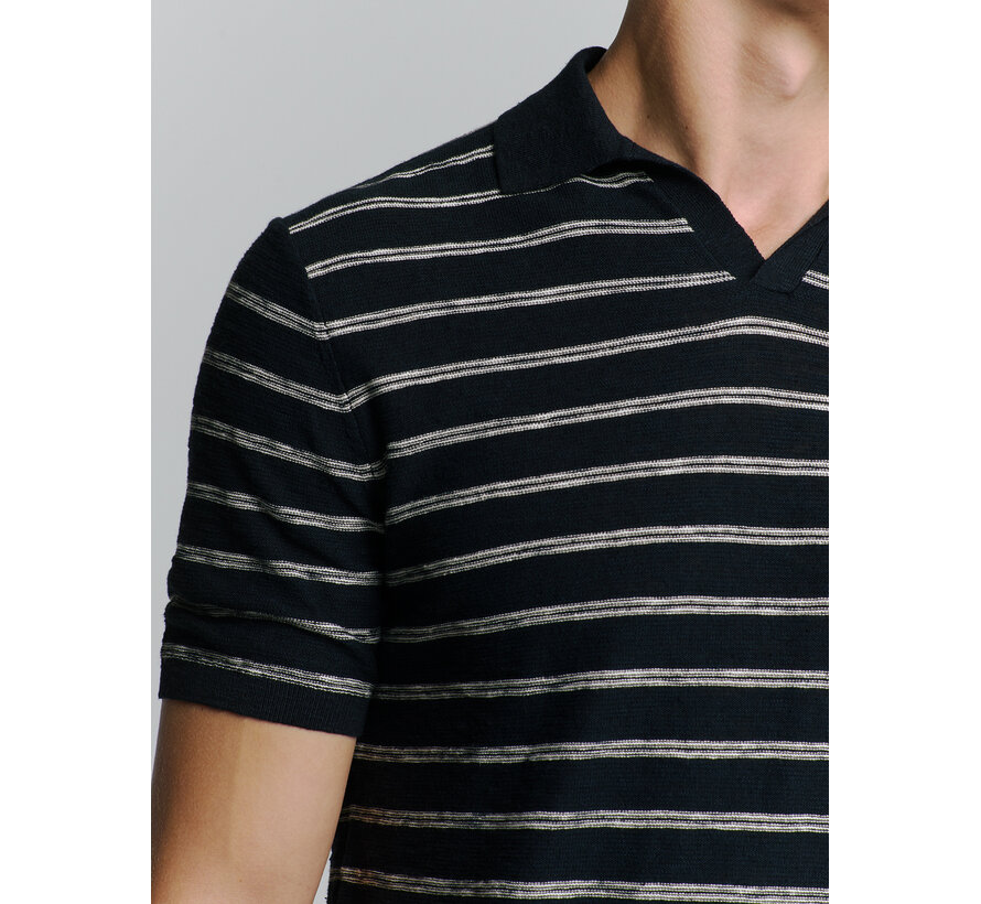 No Excess Pullover Short Sleeve Polo V Stripes With Linen Navy (27210341 - 078)