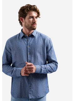 No Excess Shirt Vertical Small Stripe With Linen Indigo Blue (31470227SN - 136)