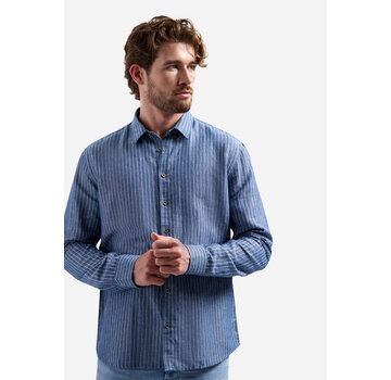 No Excess Shirt Vertical Small Stripe With Linen Indigo Blue (31470227SN - 136)