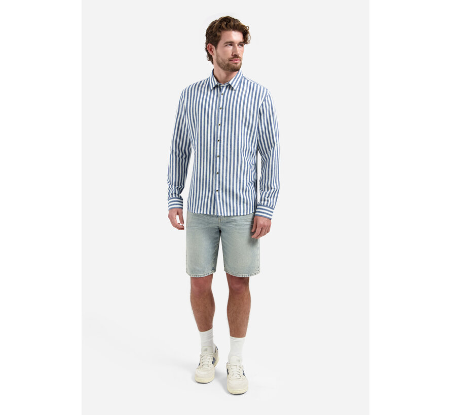 Overhemd Vertical Big Stripe With Linen Indigo Blue (31470224 - 136)
