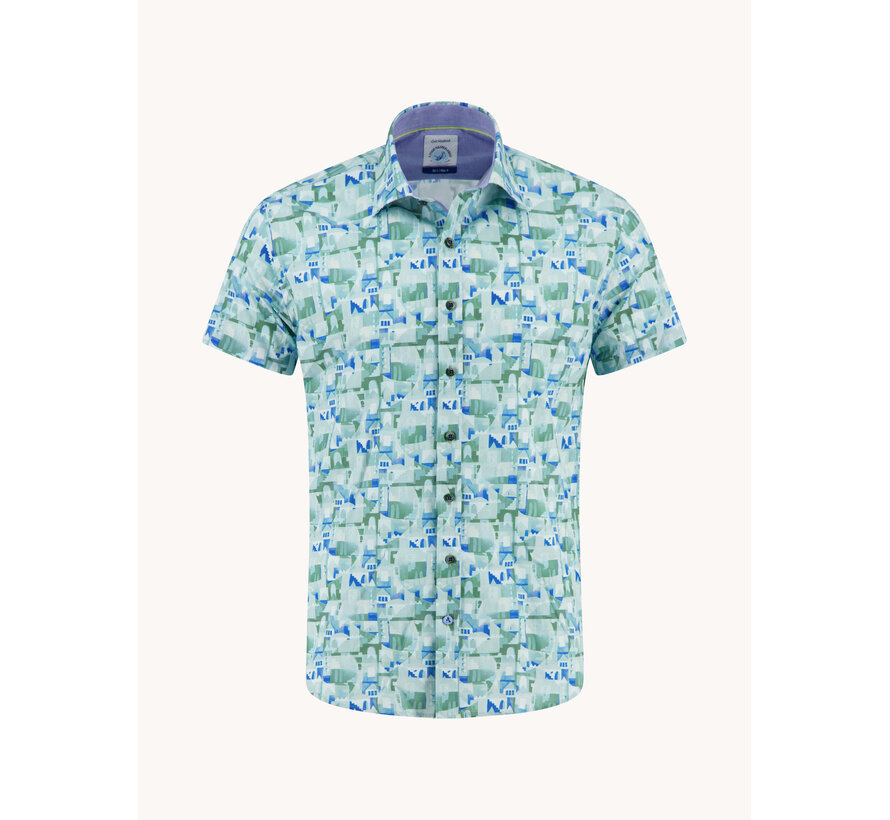 A Fish Named Fred Overhemd Korte Mouw Abstract City Olive Green (33.064 - 302)