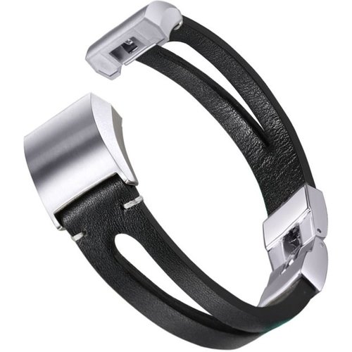 Leer metaal bandje "double" zwart geschikt voor Fitbit Charge 2 Leer metaal bandje "double" zwart geschikt voor Fitbit Charge 2