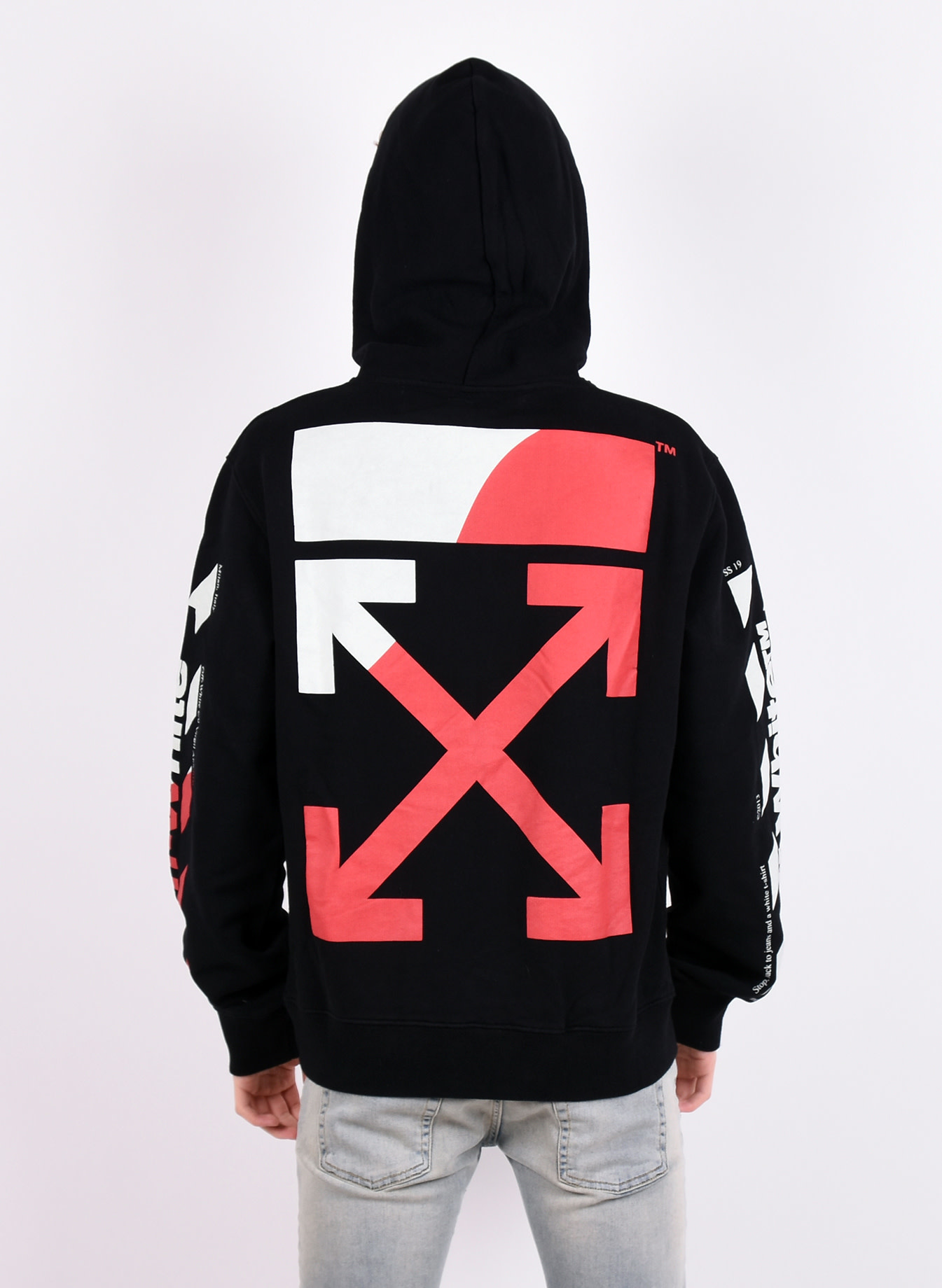 off white black and red hoodie