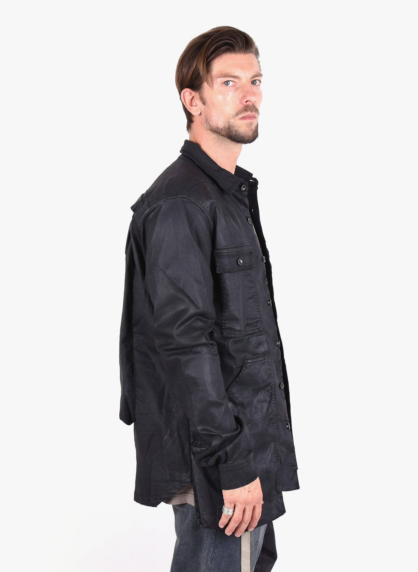 Rick Owens 'Wax Denim' Cargo Pocket Shirt Black - Mensquare