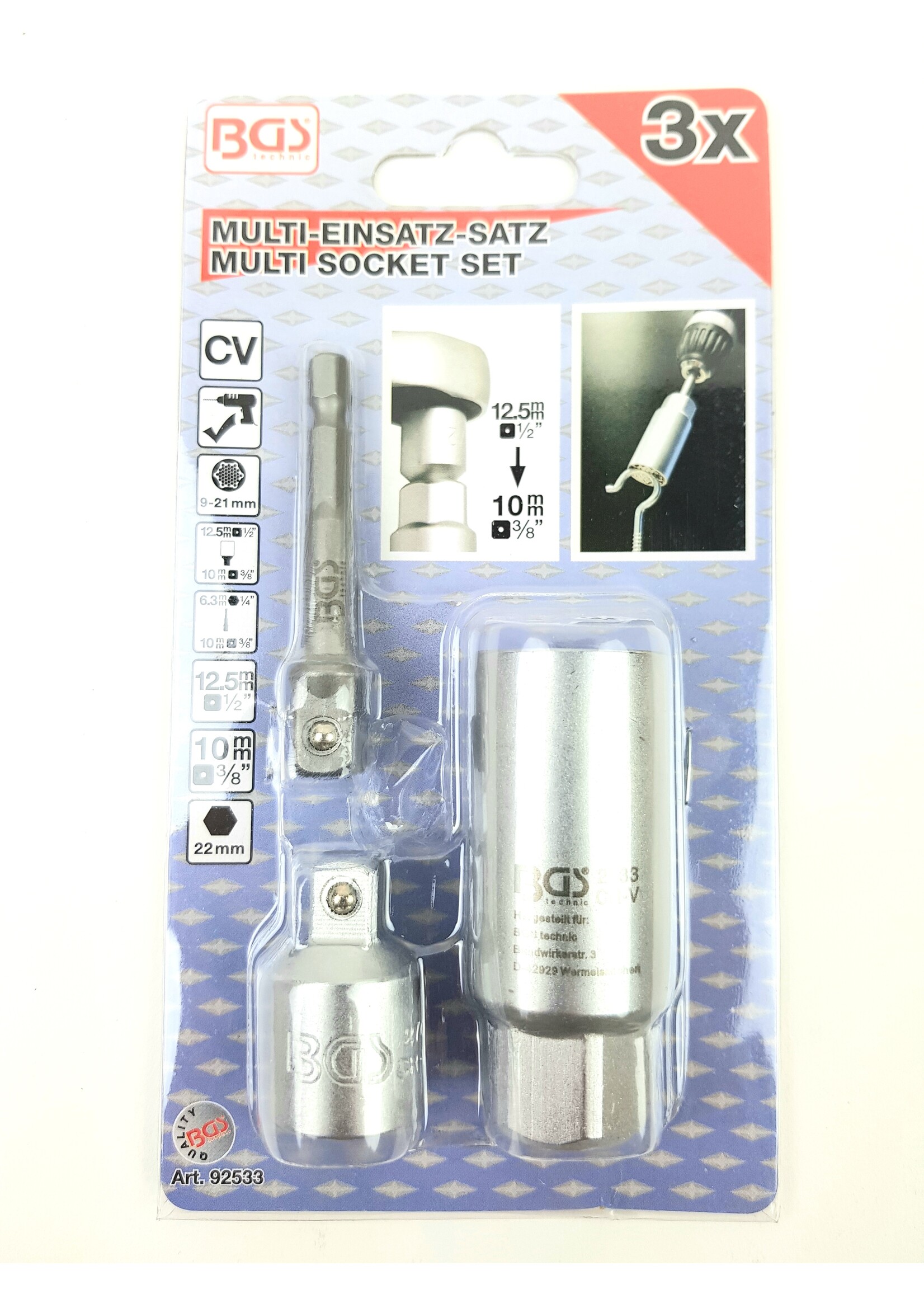 BGS Multi dop 3 delige adapterset 3/8" | 9 - 21 mm