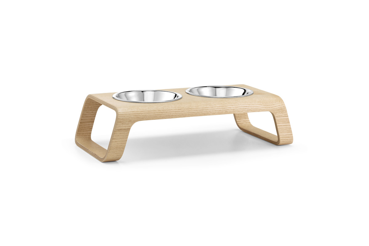 Gatto Desco, Cat Feeder with Stainless Steel Bowls, Ash Natural