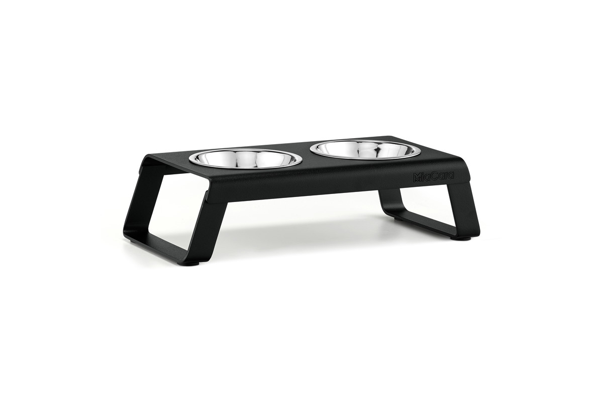 Gatto Desco, Cat Feeder with Stainless Steel Bowls, Powder Coated Black