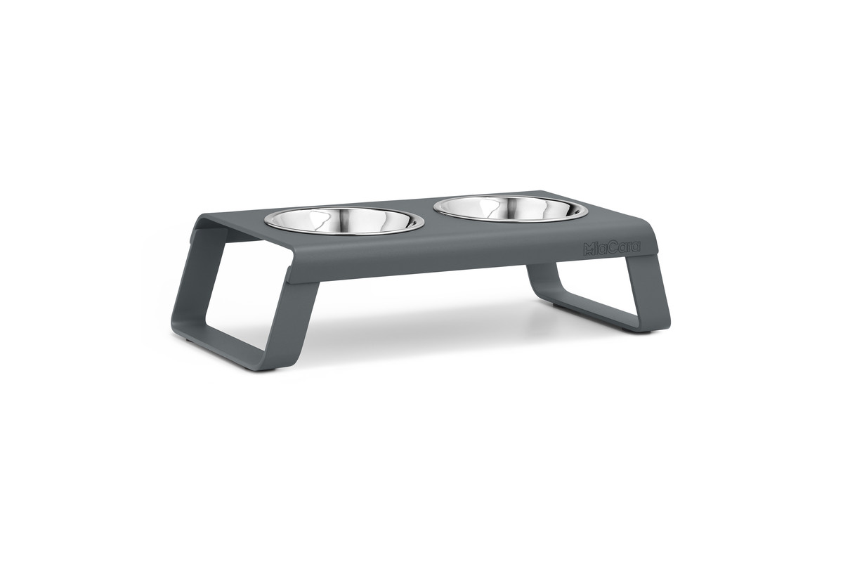 Gatto Desco, Cat Feeder with Stainless Steel Bowls, Powder Coated Grey