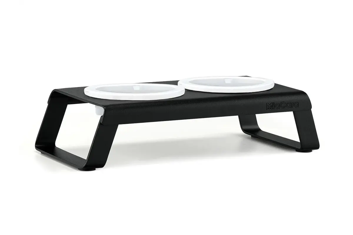 Gatto Desco, Cat Feeder with Porcelain Bowls, Powder Coated Black