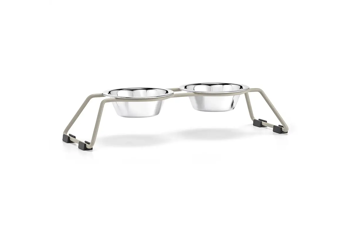 Cane Cena, Dog Feeder with Stainless Steel Bowls, Powder-Coated Greige