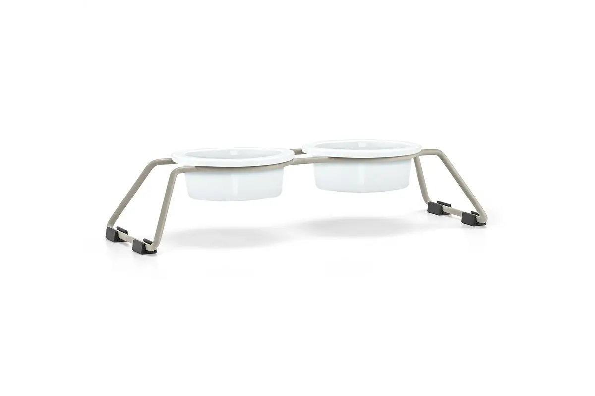 Cane Cena, Dog Feeder with Porcelain Bowls, Powder-Coated Greige