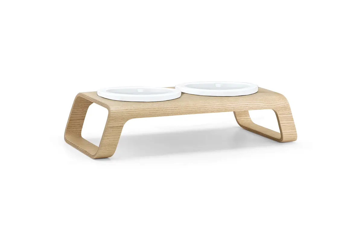 Gatto Desco, Cat Feeder with Porcelain Bowls, Ash Natural