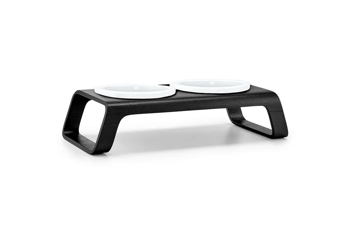 Gatto Desco, Cat Feeder with Porcelain Bowls, Ash Black Stained