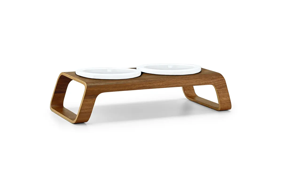 Gatto Desco, Cat Feeder with Porcelain Bowls, Walnut