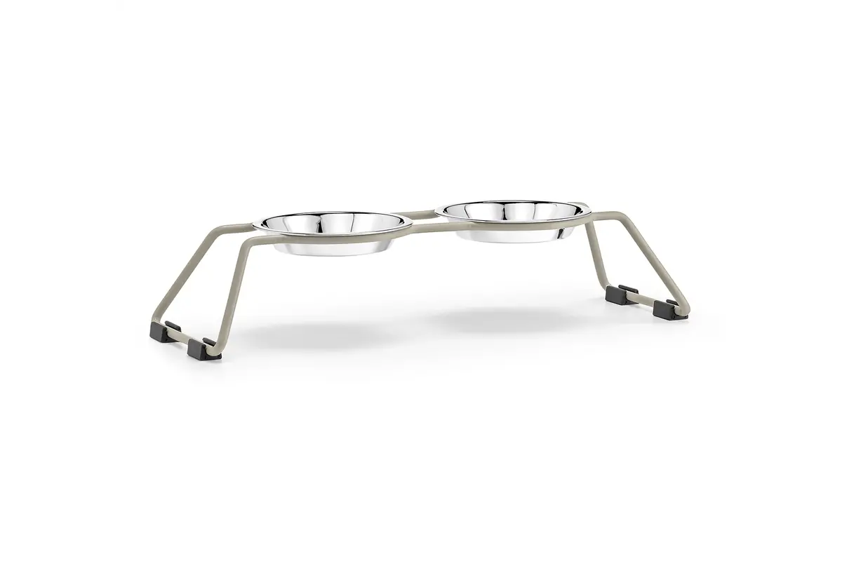 Gatto Cena, Cat Feeder with Stainless Steel Bowls, Powder Coated Greige
