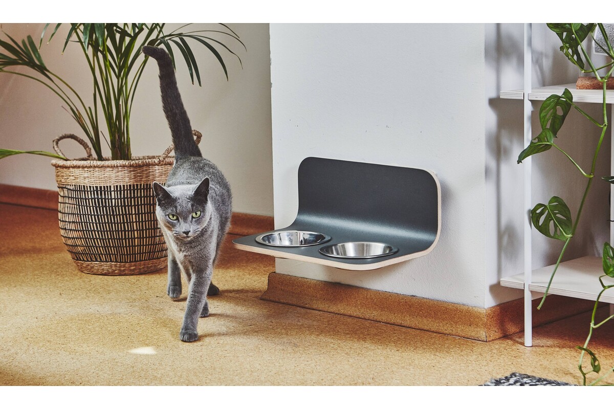 Gatto Arco, Kattenvoerbak met Roestvrijstalen Bakjes, HPL Grijs