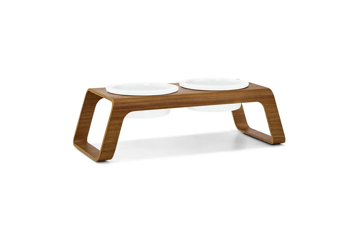 Cane Desco, Dog Feeder with Porcelain Bowls, Walnut