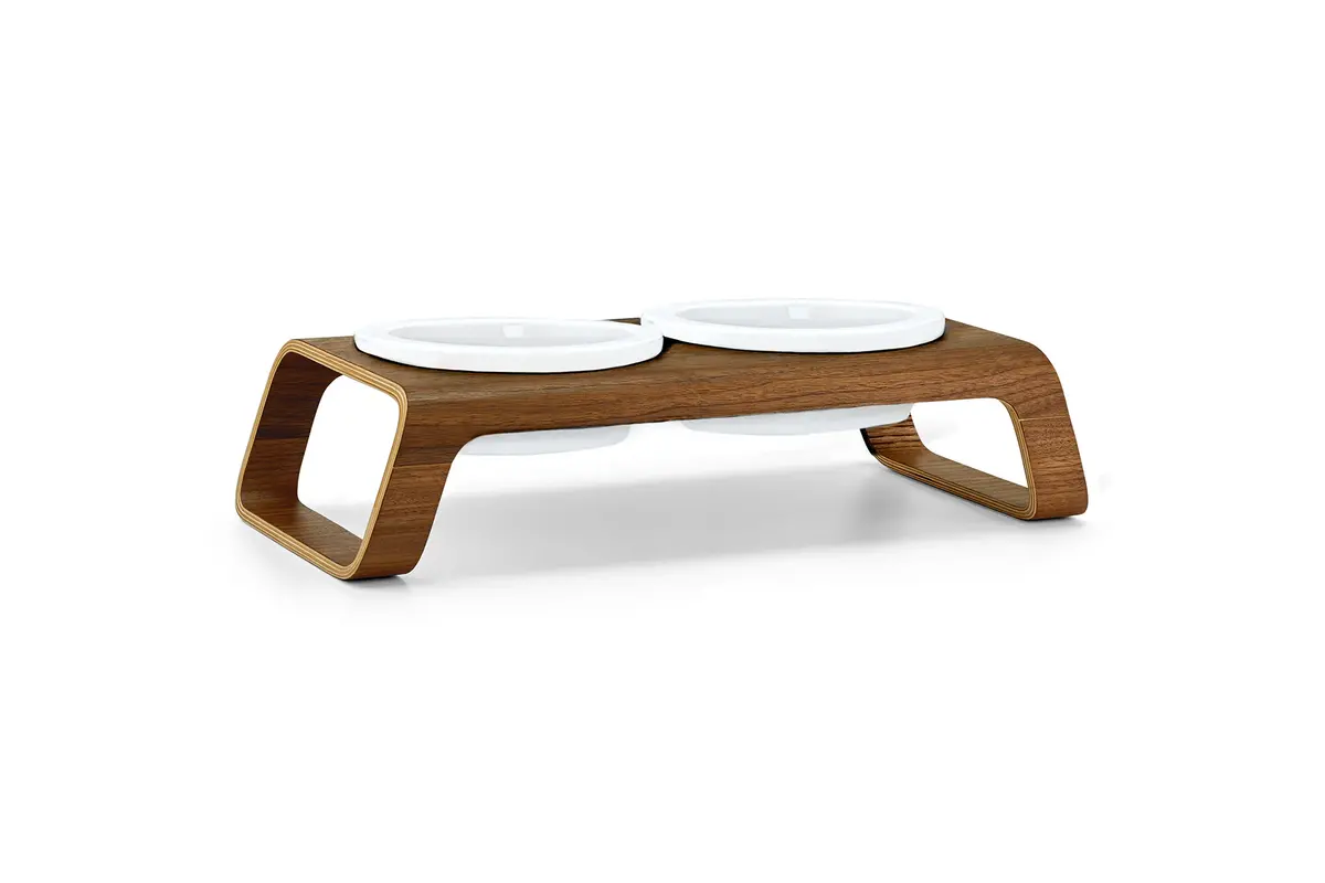 Cane Desco, Dog Feeder with Porcelain Bowls, Walnut