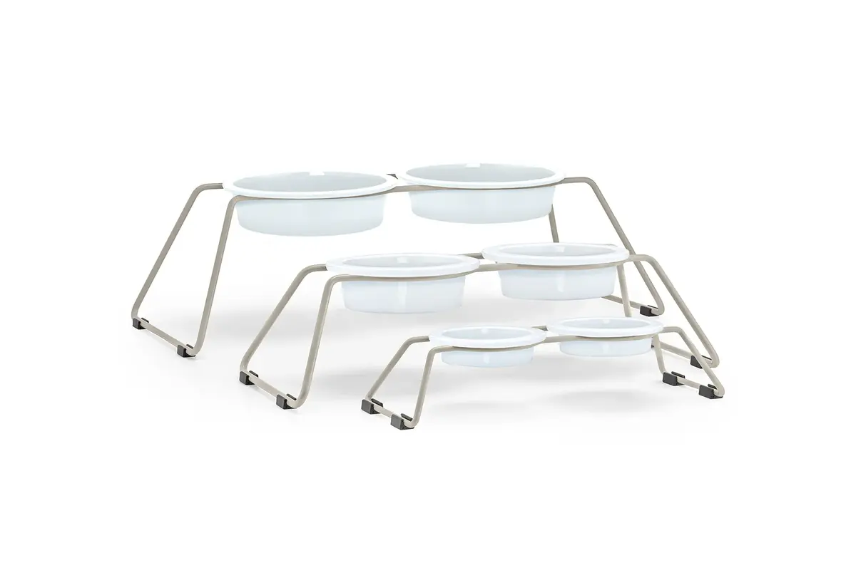 Cane Cena, Dog Feeder with Porcelain Bowls, Powder-Coated Greige