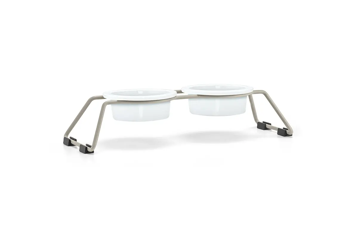Cane Cena, Dog Feeder with Porcelain Bowls, Powder-Coated Greige