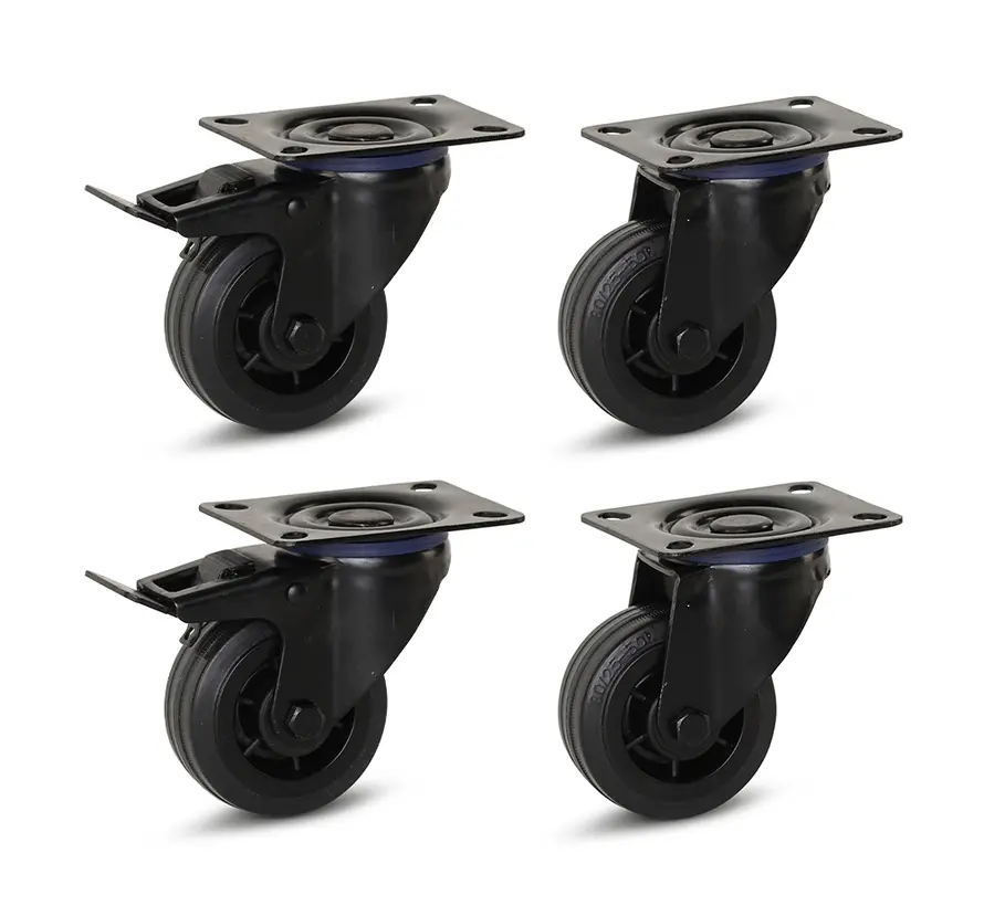 Set van 4 - Zwart rubber zwenkwielen(2x) en geremde zwenkwielen(2x) - 80mm - 60kg - Specificaties per wiel