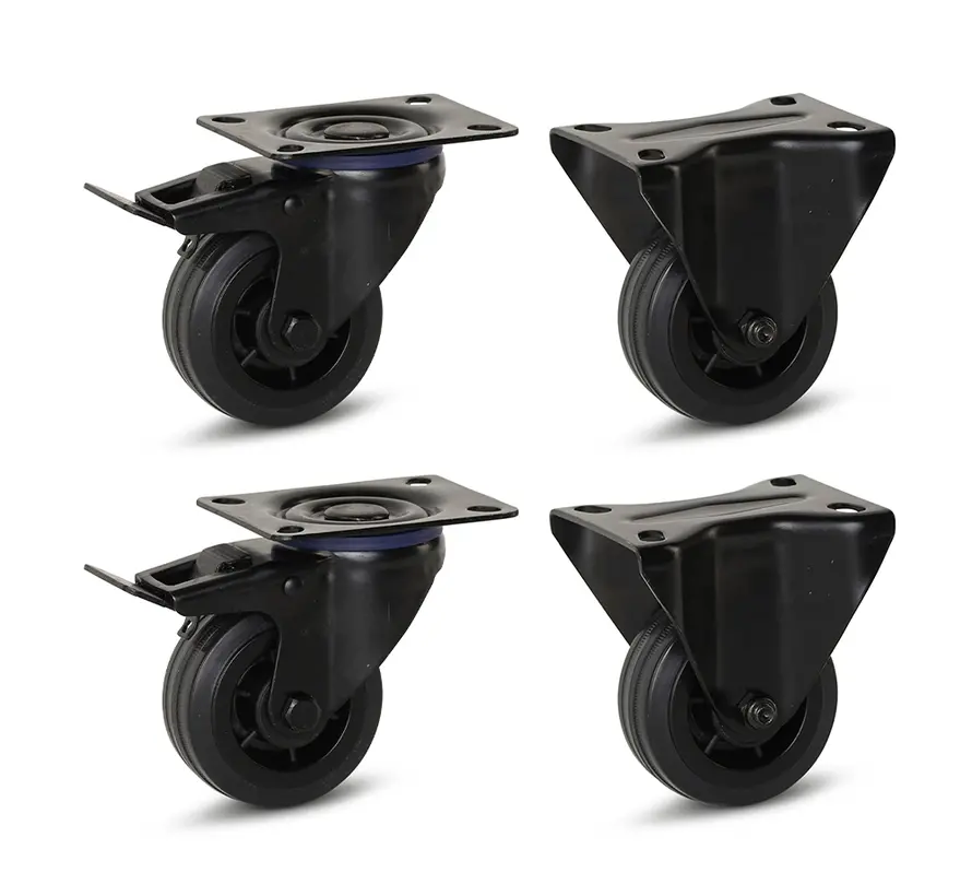 Set van 4 - Zwart rubber bokwielen(2x) en geremde zwenkwielen(2x) - 80mm - 60kg - Specificaties per wiel