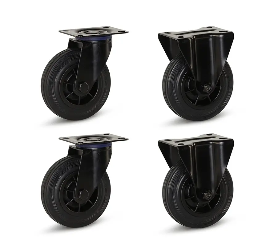 Set van 4 - Zwart rubber bokwielen(2x) en zwenkwielen(2x) - 125mm - 120kg - Specificaties per wiel