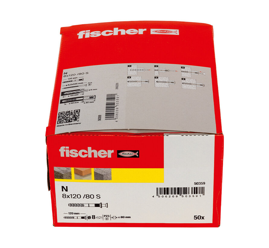 Fischer - N-S - Nagelpluggen/Slagpluggen - 8 x 120mm (50 stuks)