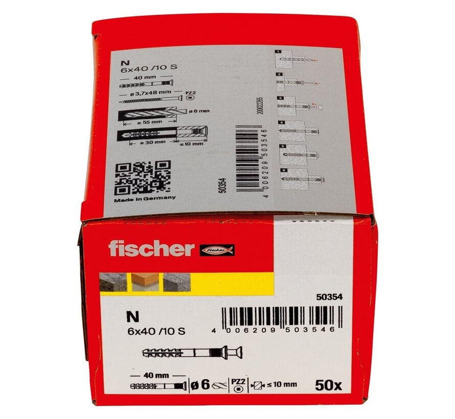 Fischer - N-S - Nagelpluggen/Slagpluggen - 6 x 40mm (50 stuks)