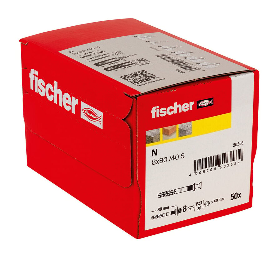 Fischer - N-S - Nagelpluggen/Slagpluggen - 8 x 80mm (50 stuks)